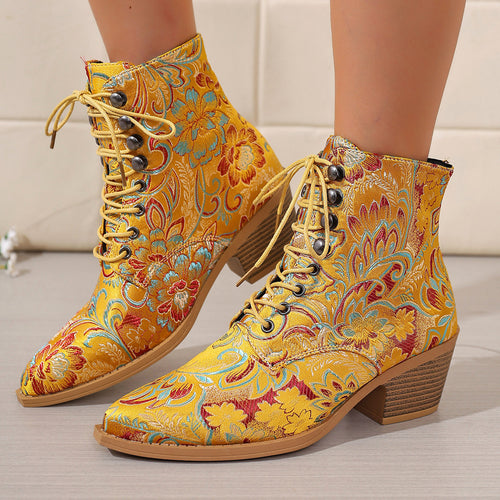 Damen bestickte Schnür-Stiefelette mit Jacquard-Brokatmuster und niedrigem Blockabsatz Drune