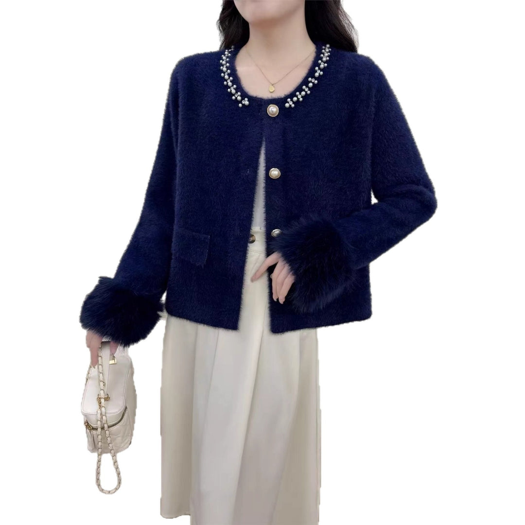 Damen elegante Strickjacke mit Perlenverzierung und flauschigen Ärmeln Drune