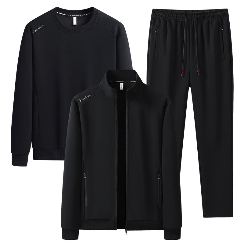[Herren] Zweiteiliges Trainingsset mit Stehkragen-Zipjacke, Rundhals‑Sweatshirt und konisch geschnittener Jogginghose aus atmungsaktivem Fleece Drune