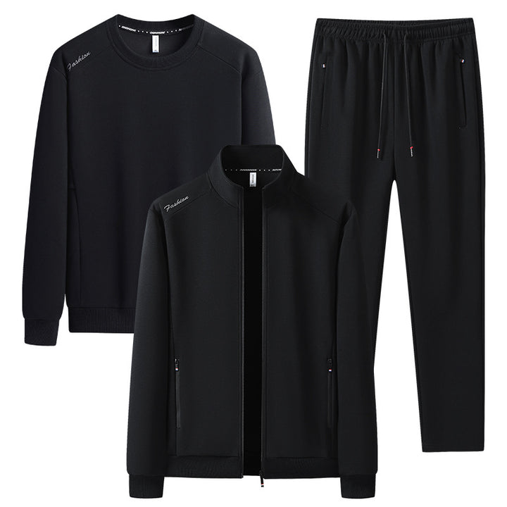 [Herren] Zweiteiliges Trainingsset mit Stehkragen-Zipjacke, Rundhals‑Sweatshirt und konisch geschnittener Jogginghose aus atmungsaktivem Fleece Drune