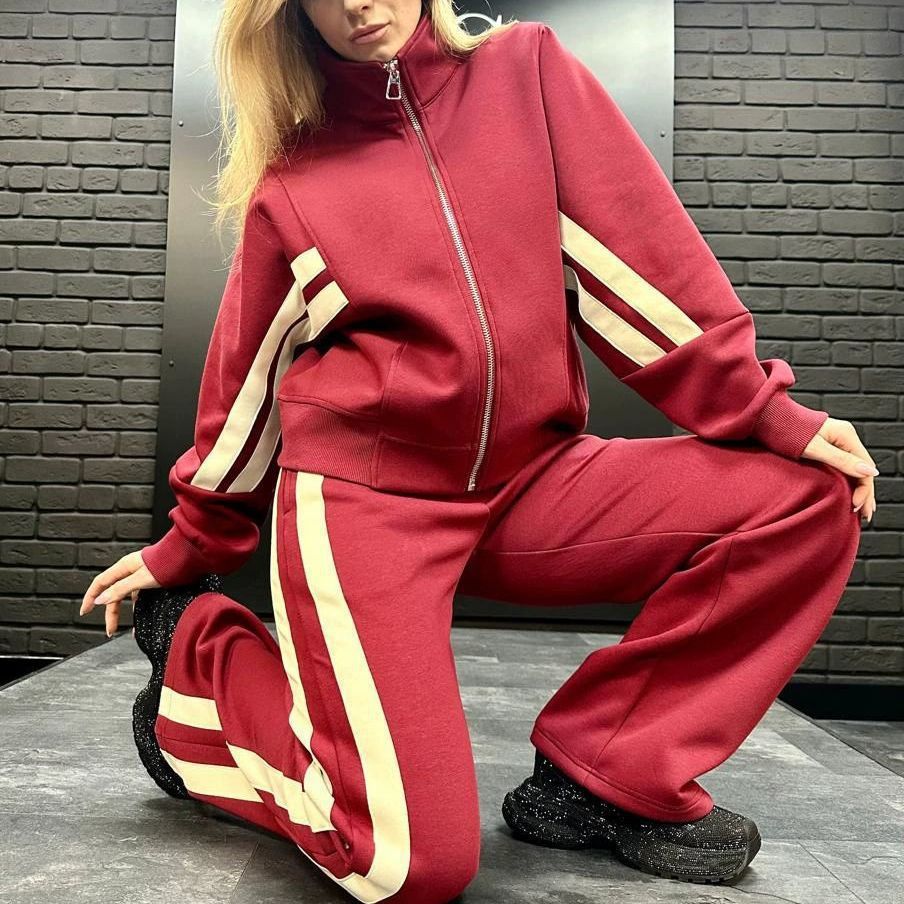 Damen nan athletisches Zweiteiler-Set aus French Terry mit Reißverschluss Cropped Jacke und weitem Highwaist Jogger Drune