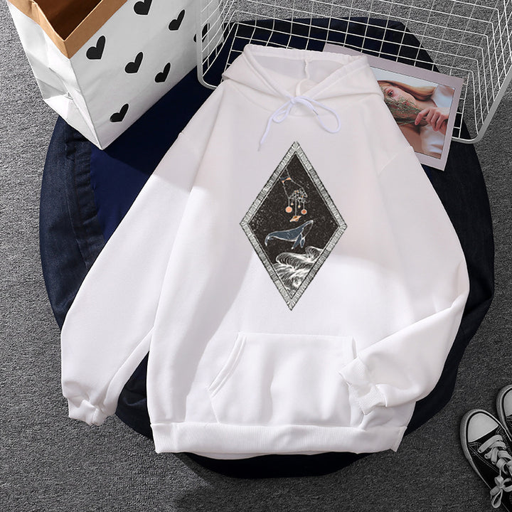 Damen nan Oversize Kapuzenpullover mit aufgenähter Wal-Patchapplikation, Kängurutasche und fleecegefüttertem Innenfutter Drune