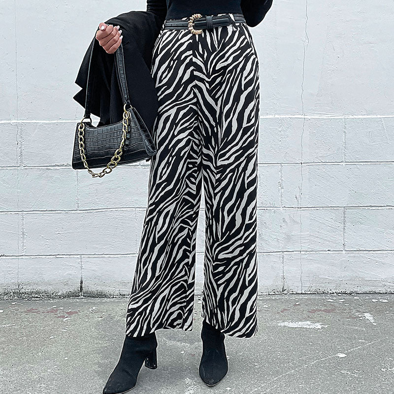 Damen Weite Palazzo-Hose mit Animal-Zebra-Muster, hohem Bund und Gürtelschlaufen Drune