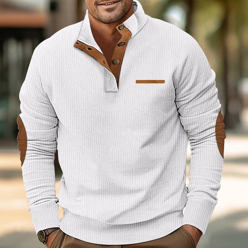 Herren nan strukturiertes Halbknopf-Stehkragen-Pullover mit Wildleder-Ellbogenpatches Drune