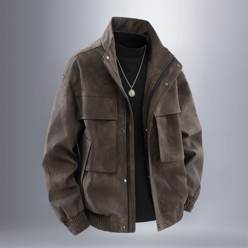Herren Utility-Harringtonjacke in Lederoptik mit Mehrfachtaschen und elastischem Saum Drune