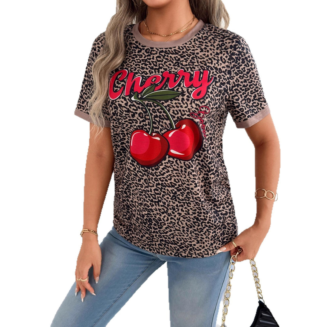 Damen lässiges T-Shirt mit Leopardenmuster und frischem Kirschen-Print Drune