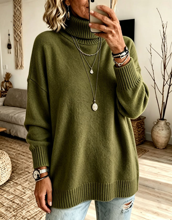 Damen Oversize Rollkragenpullover aus Feinstrick mit gerippten Bündchen und überschnittener Schulter Drune