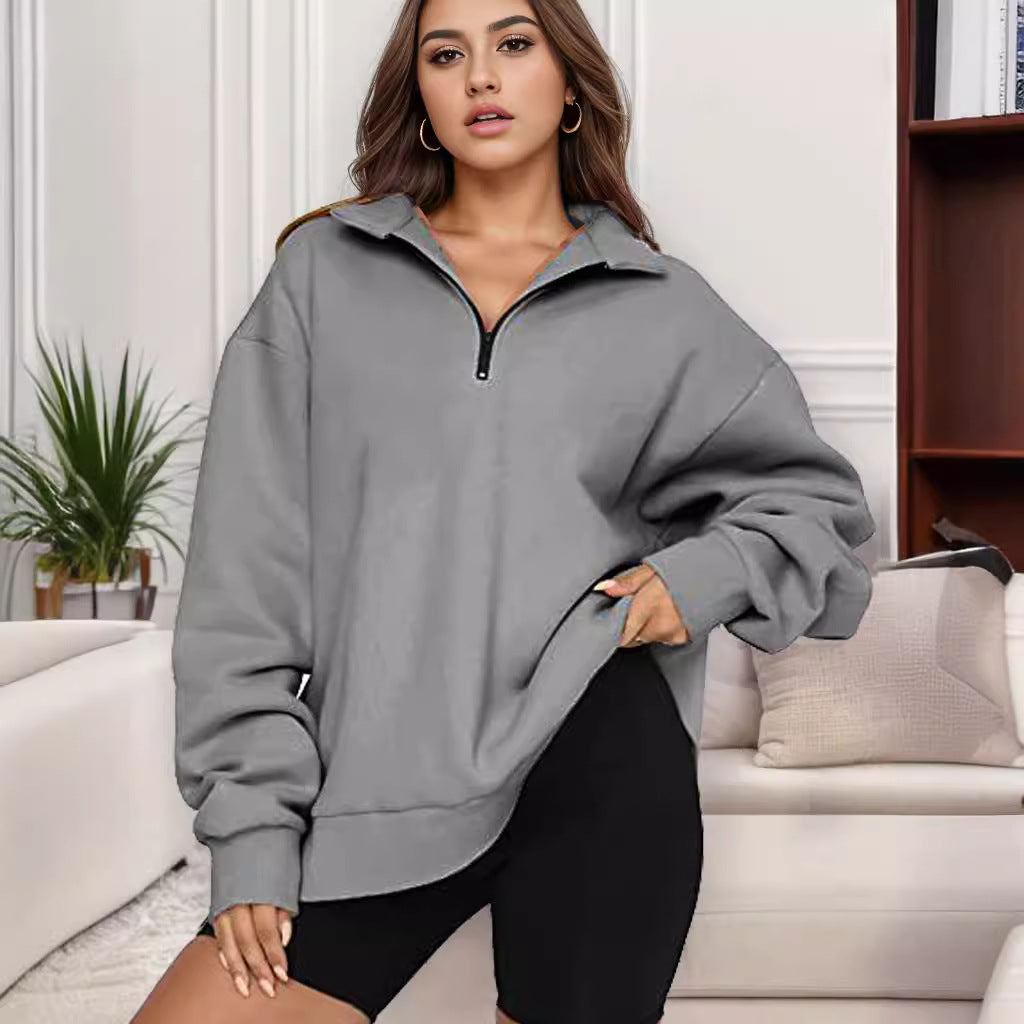 Damen nan übergroßes Sweatshirt mit Halbreißverschluss und Stehkragen Drune