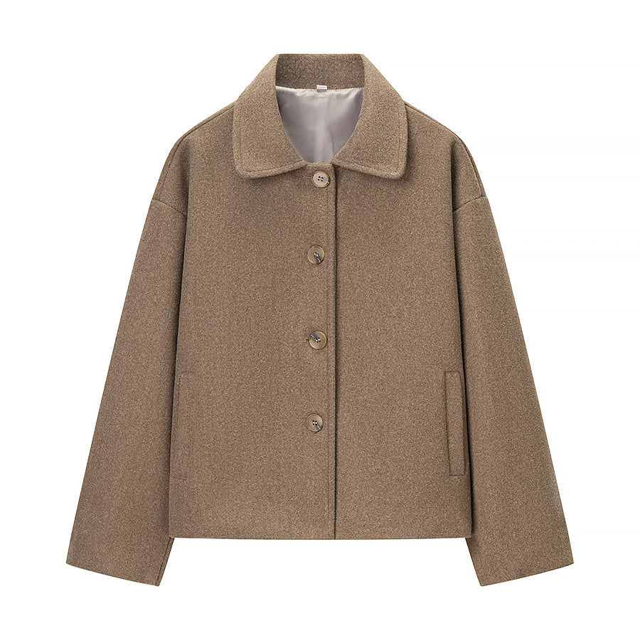 Damen nan boxy Kurzjacke mit oversized Hemdkragen, verdeckter Knopfleiste und nahtlosen Eingrifftaschen Drune