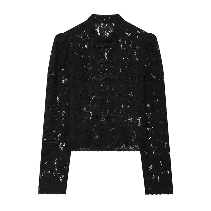 Damen nan elegante Spitzenjacke mit Stehkragen, dekorativen Kordelverschlüssen und cropped Silhouette Drune