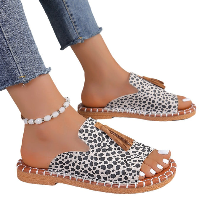 Damen nan lässige Pantolette mit Wildlederoptik, handgenähter Ziernaht und dekorativer Quaste Drune