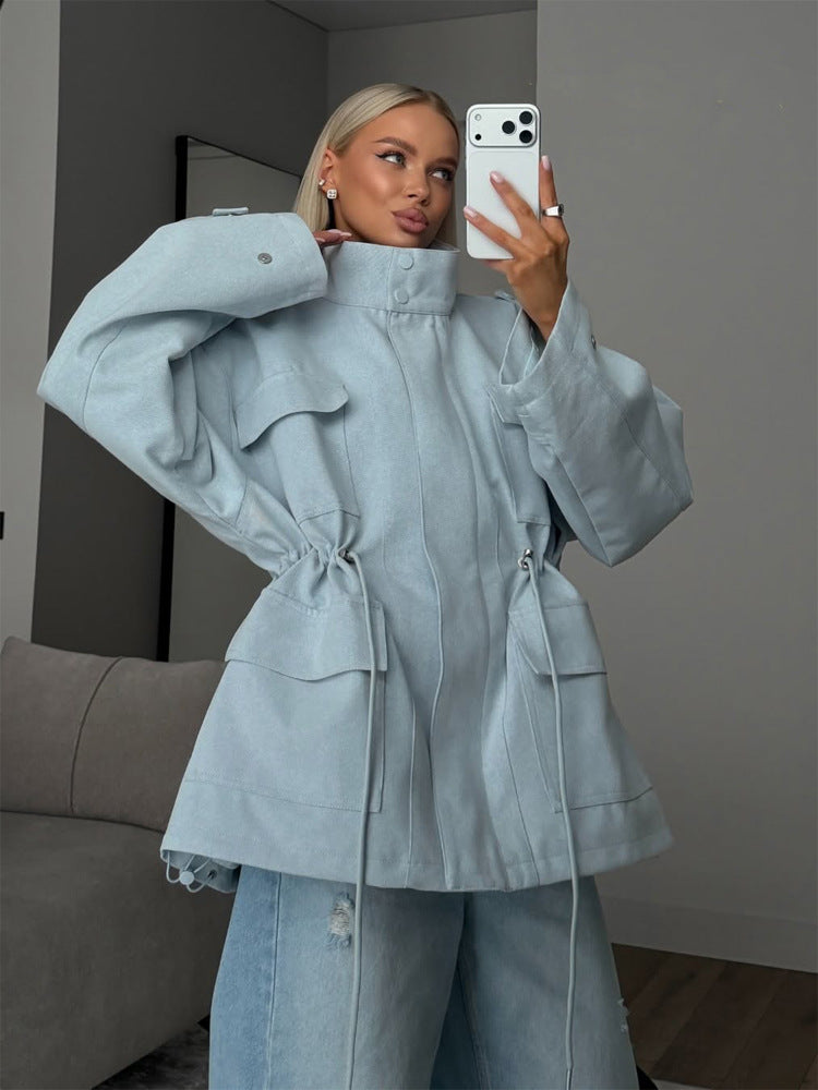 Damen Oversize Utility-Jacke mit Tunnelzugtaillierung, hohem Stehkragen und Pattentaschen Drune
