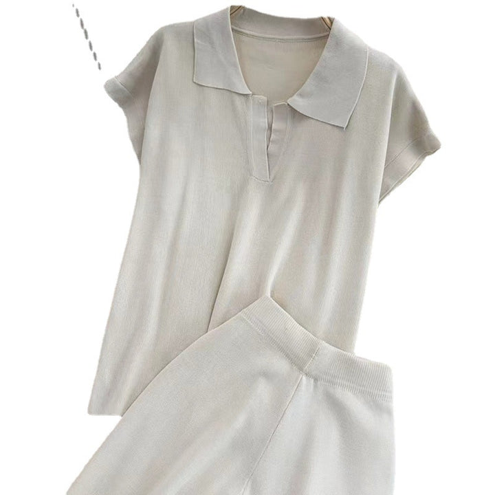 Damen elegantes Lounge-Set mit kurzärmligem Polo und weiten Hosen Drune