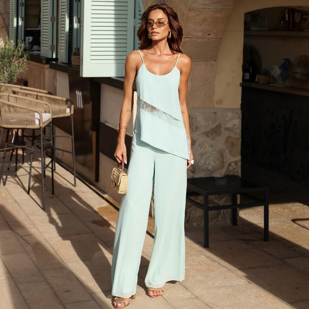 Damen elegantes Zweiteiler-Oberteil mit fließendem Schnitt und weiter Hose Drune