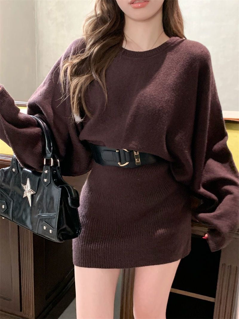 Damen Modisches Strickkleid mit weichem Material und breiten Ärmeln Drune