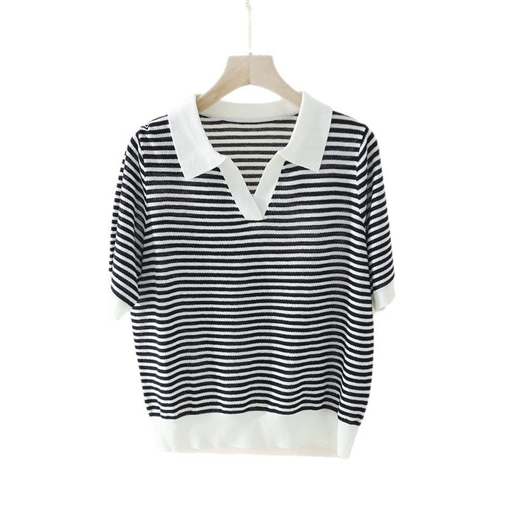 Damen Ringel-Polo-Feinstrickshirt mit offenem V-Schlitz und kontrastierendem Kragen Drune