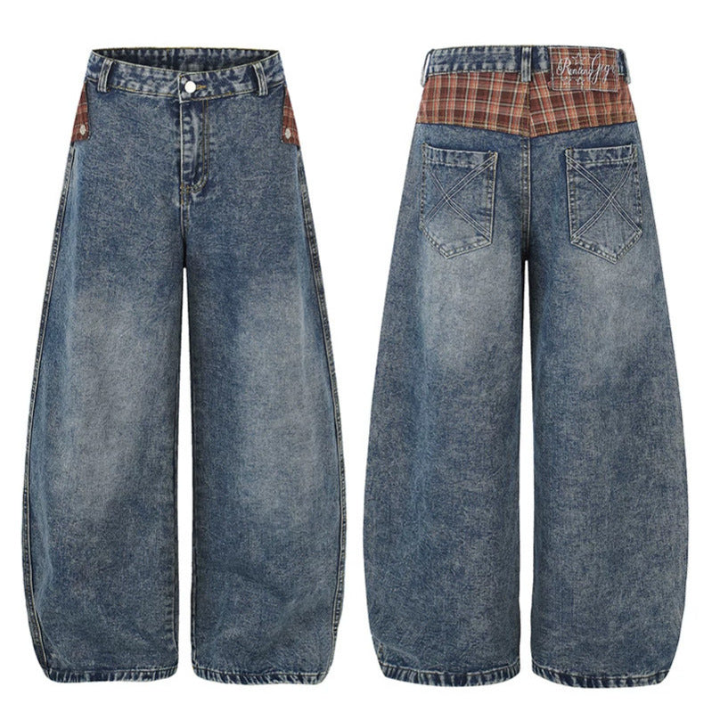 Damen Weite High‑Waist Denim‑Culotte im Palazzo‑Stil mit Karo‑Bund und Vintage‑Waschung Drune