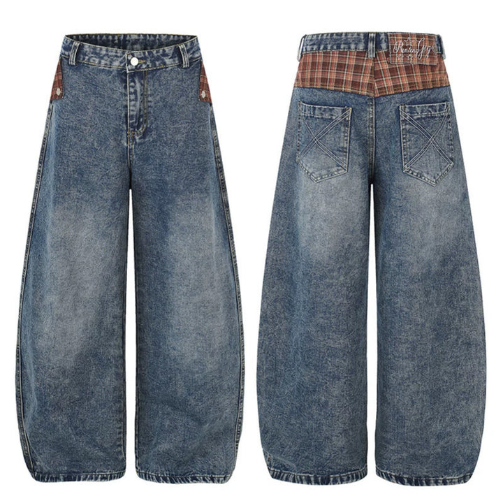 Damen Weite High‑Waist Denim‑Culotte im Palazzo‑Stil mit Karo‑Bund und Vintage‑Waschung Drune