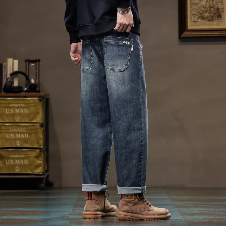 Herren Weite gerade geschnittene Denim-Jeans mit Used‑Wash und Umschlagbund Drune