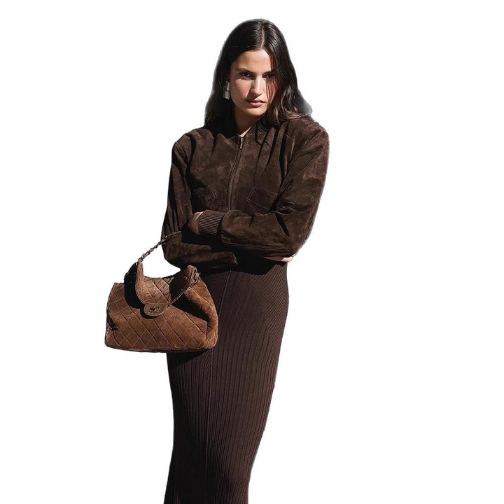 Damen modische Wildlederjacke mit praktischen Taschen und luxuriösem Schnitt Drune