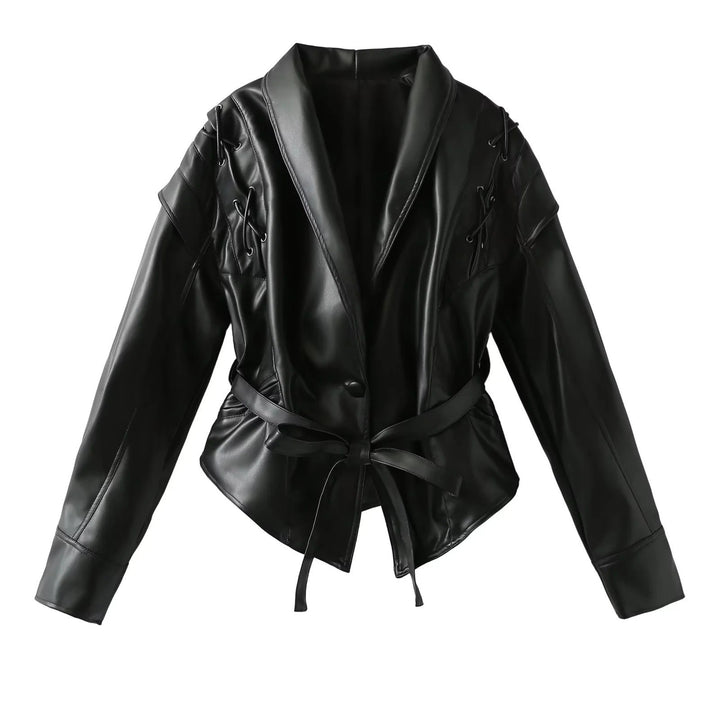Damen Kurzjacke aus Wildlederoptik mit Wickelgürtel, Schalkragen und Schnürdetail Drune