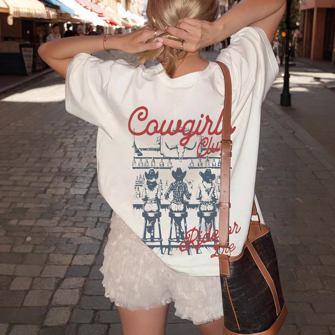 Damen Oversize T-Shirt mit Retro Cowgirl-Motiv Drune