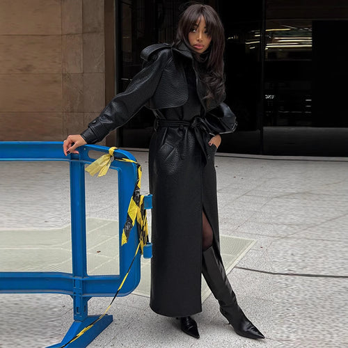 Damen Kunstleder Trenchcoat mit Oberteil und Taillengürtel Drune