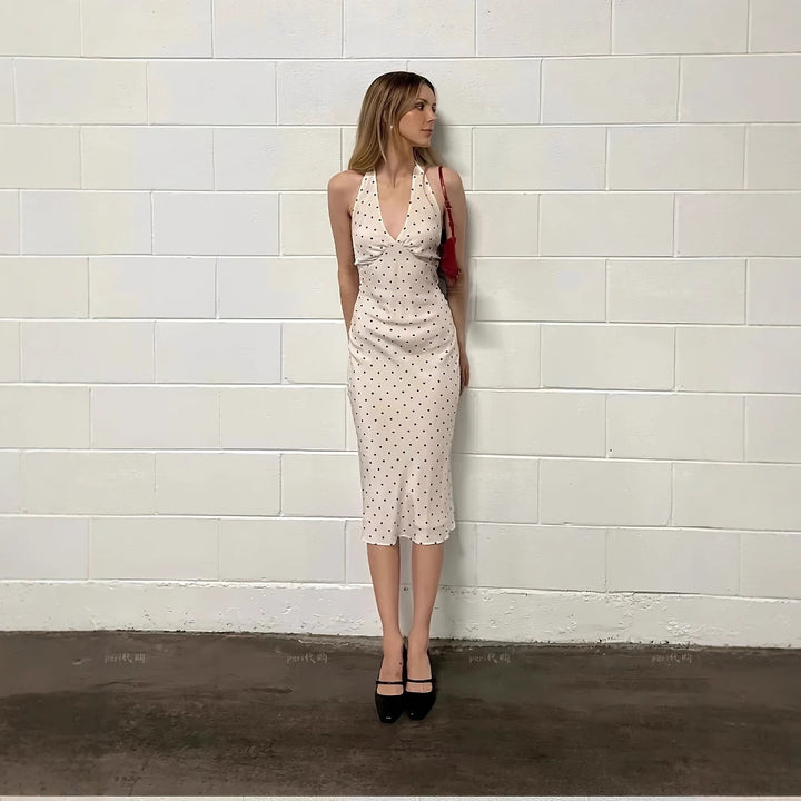 Damen Maxikleid mit tiefem V-Ausschnitt und zurückhaltendem Punktmuster Drune