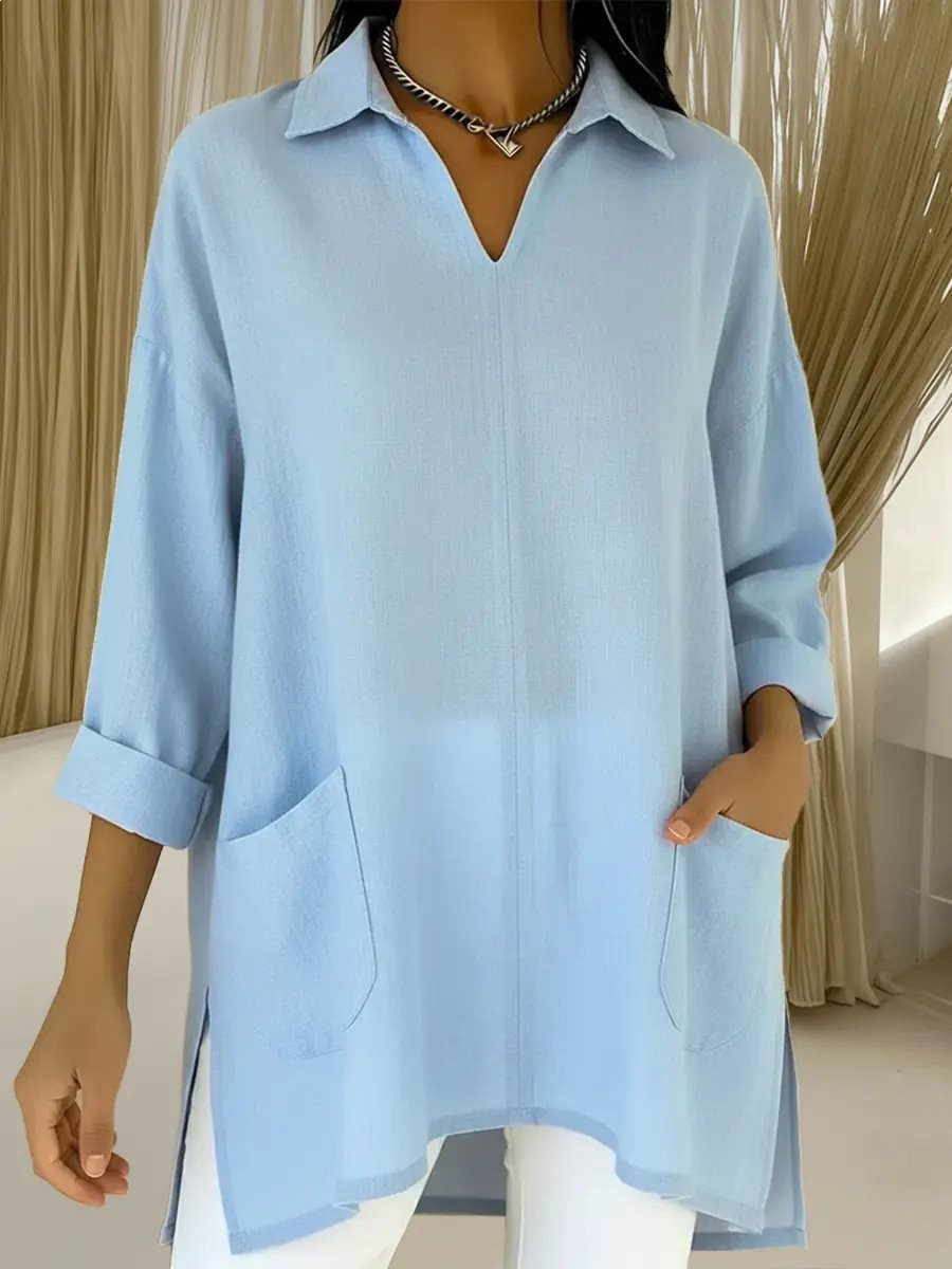 Damen Oversize-Tunika mit Hemdkragen, V-Ausschnitt und aufgesetzten Taschen Drune