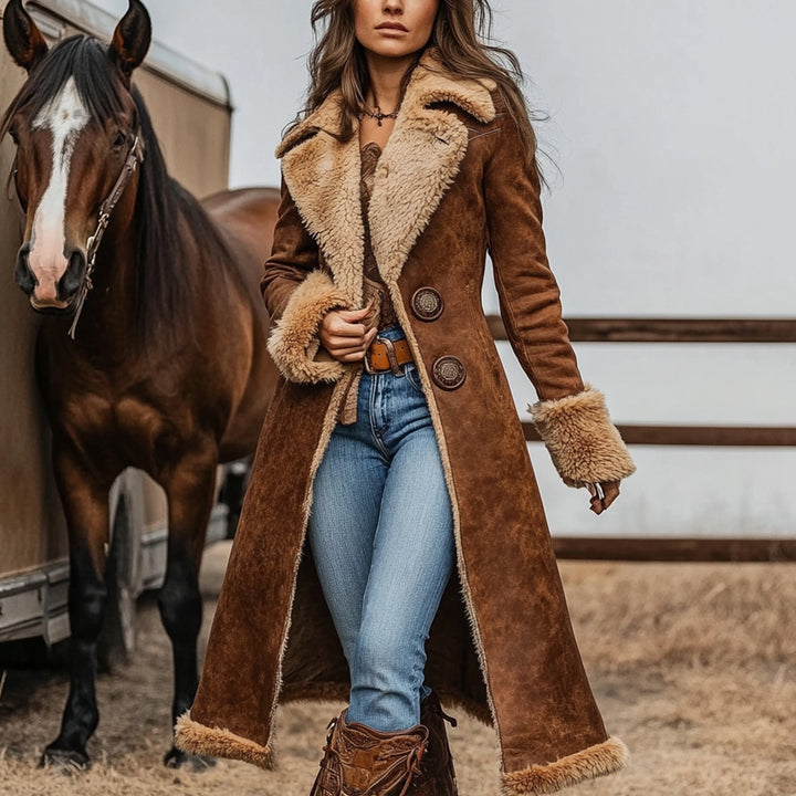 Damen nan taillierter Langmantel mit Teddyfutter, Wildlederoptik und dekorativer Knopfleiste Drune