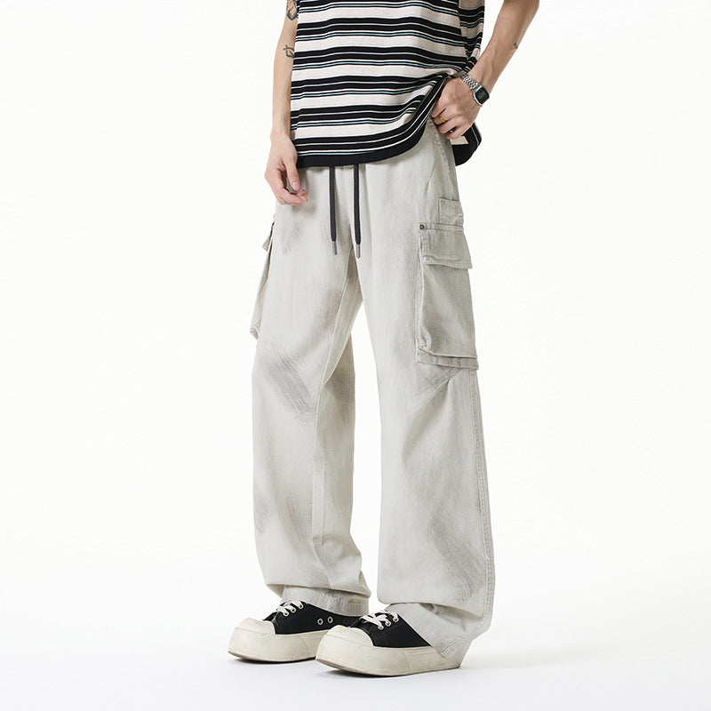 Damen Weite Cargo-Hose im Baggy-Stil mit Tunnelzugbund, Multifachtaschen und Used-Waschung Drune