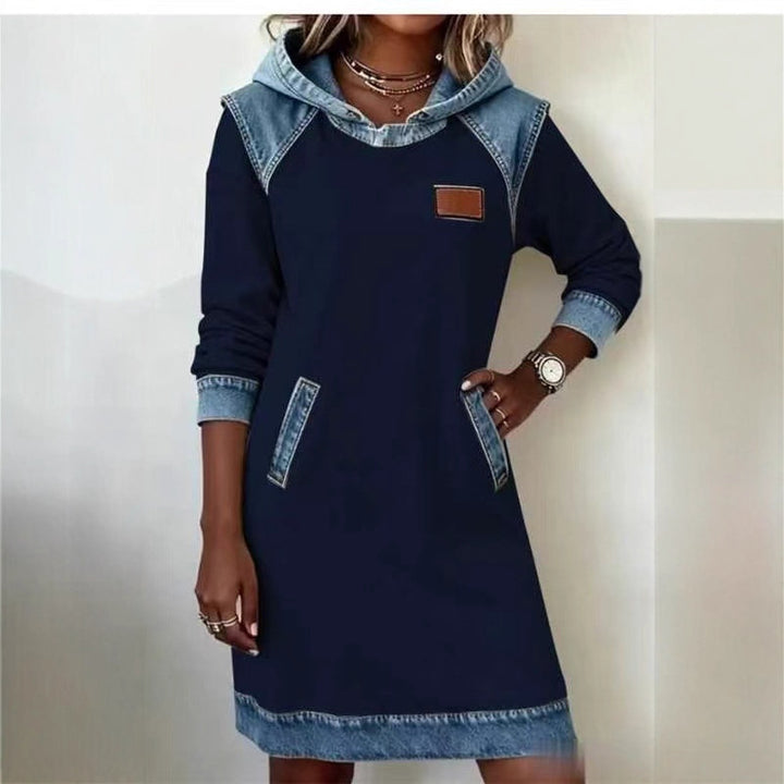 Damen nan Kapuzen-Sweatkleid mit Jeans-Applikationen, Kängurutaschen und lässigem Schnitt Drune