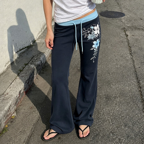 Damen Ausgestellte Lounge-Hose mit Rippbund, Kordelzug und floralem Print Drune