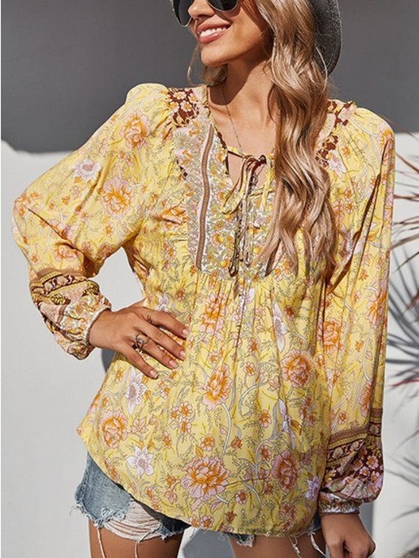 Damen Boho-Bluse mit floralem Print, V‑Ausschnitt mit Bindeband und Plissée-Details Drune