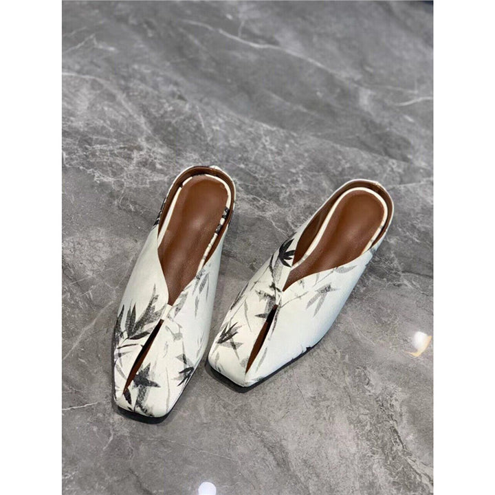 Damen fersenfreie spitz zulaufende Jacquard-Mules mit floralem Metallic‑Muster und flachem Absatz Drune