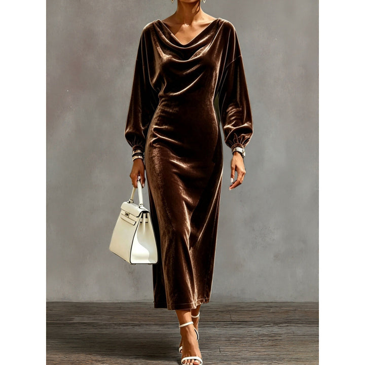 Damen Midikleid aus Samt mit drapiertem Wasserfallkragen und Ballonärmeln Drune