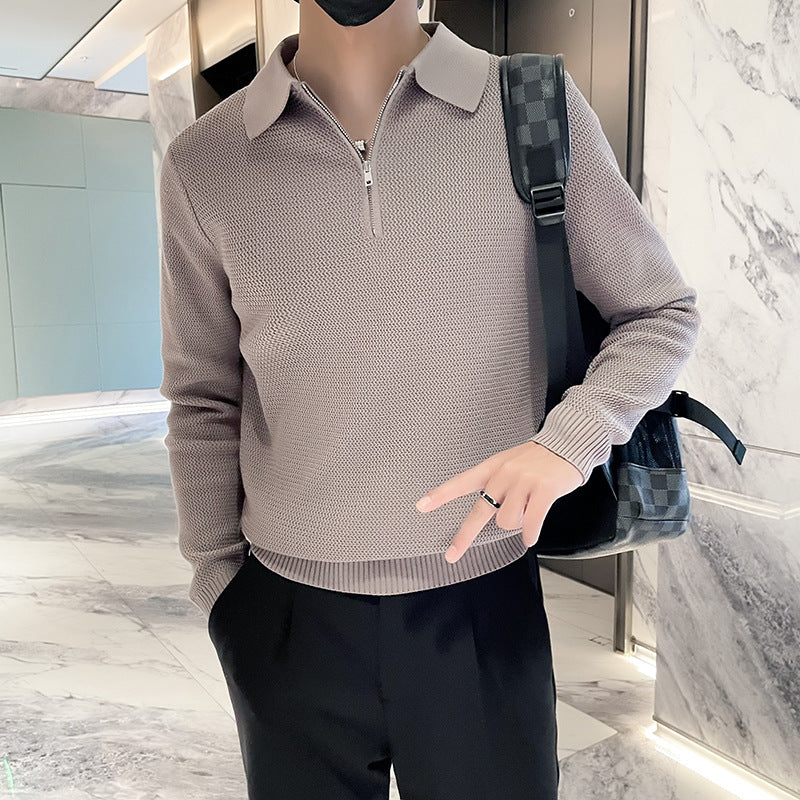 Herren Strukturierter Halbzip-Strickpolopullover mit Reißverschlusskragen Drune