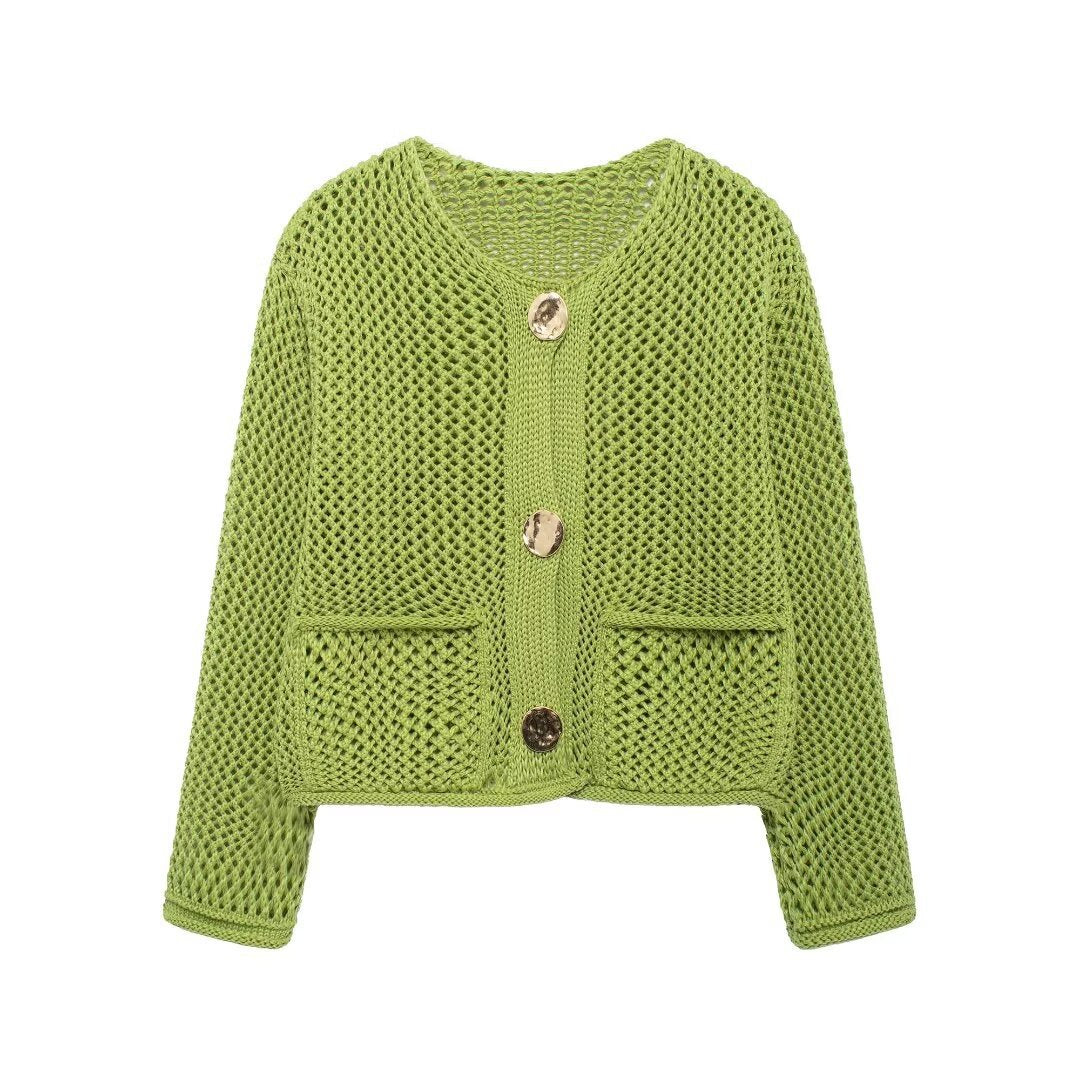 Damen lässige Strickjacke mit strukturiertem Lochmuster und praktischen Taschen Drune