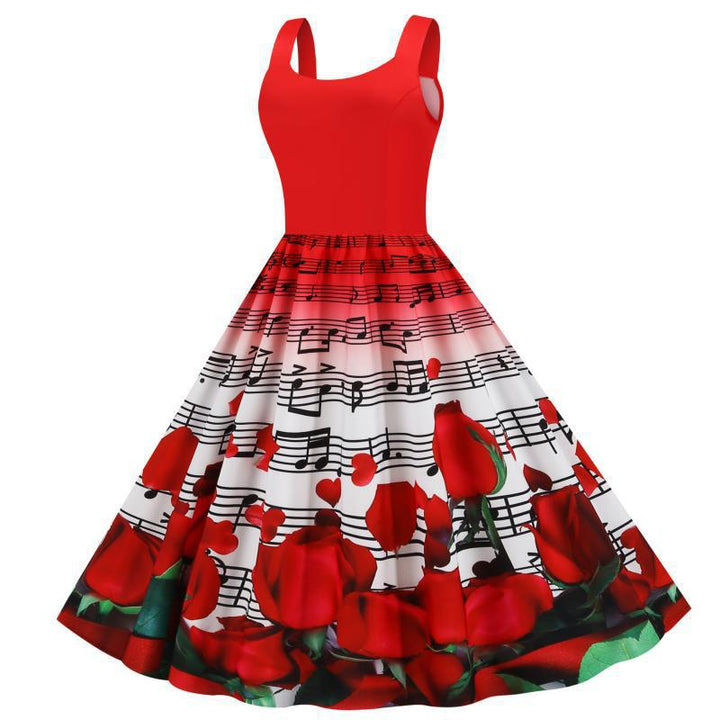 Damen Swingkleid mit musikalischem Rosenmuster und weitem Rock Drune