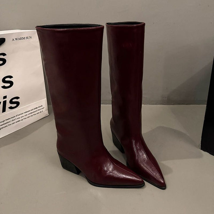 Damen Spitz zulaufende halbhohe Stiefelette mit skulptiertem Blockabsatz Drune