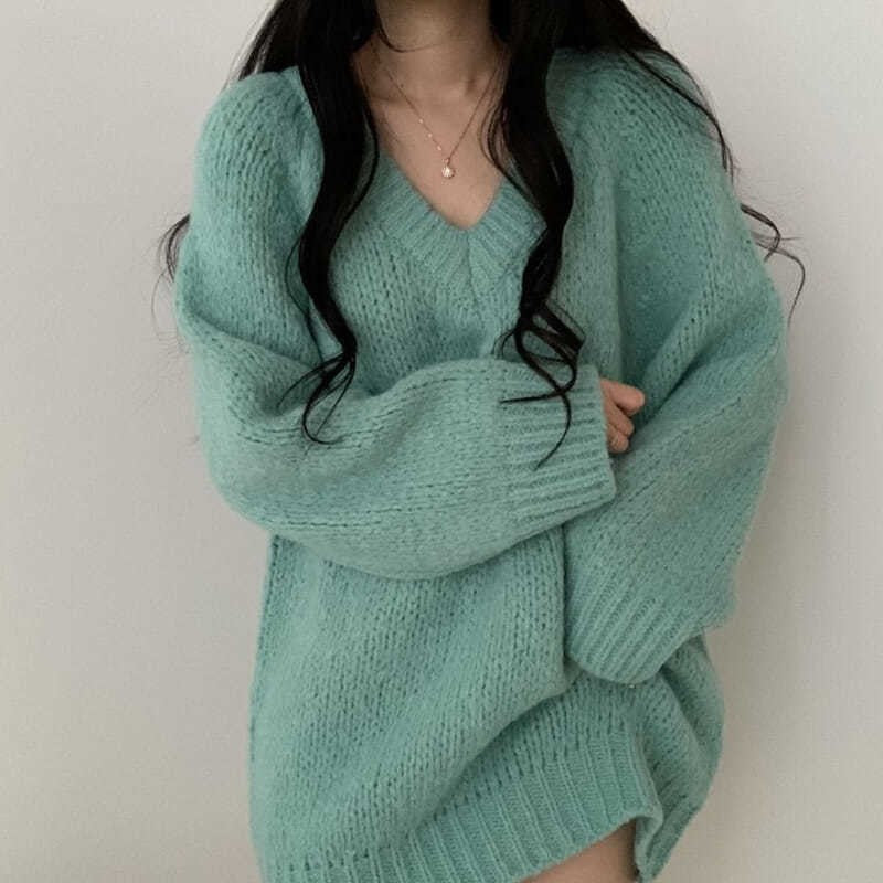 Damen lässiger oversized Pullover mit tiefem V-Ausschnitt und weichem Strickmaterial Drune