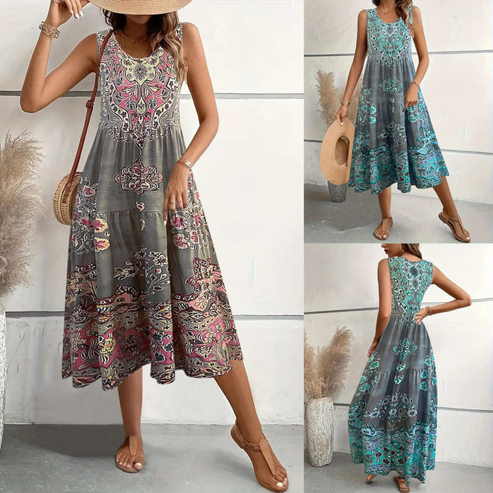 Damen Maxi-Kleid mit verspieltem Ethnomuster und schwingendem Schnitt Drune