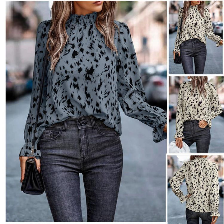 Damen Langarm-Chiffonbluse mit gerafftem Stehkragen und Fleckenmuster Drune