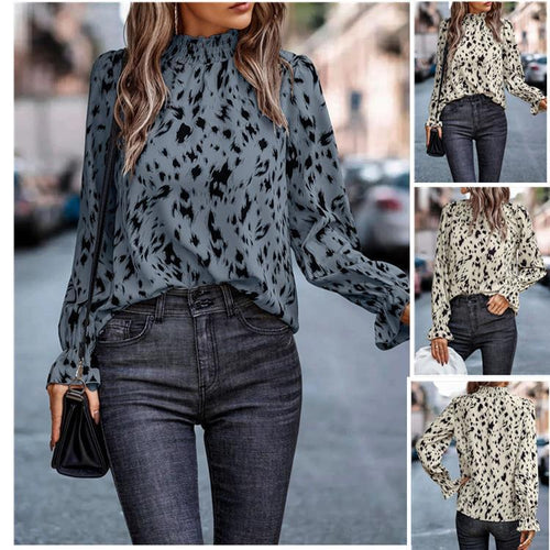 Damen Langarm-Chiffonbluse mit gerafftem Stehkragen und Fleckenmuster Drune