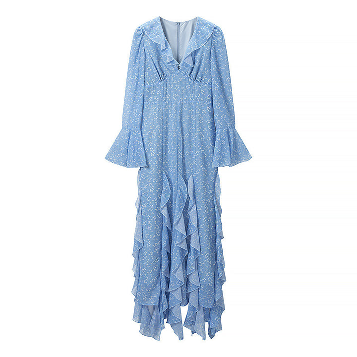 Damen Romantisches Stufen-Rüschen-Maxikleid mit V-Ausschnitt und Glockenärmeln Drune