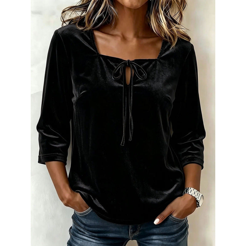 Damen Samtbluse mit eckigem Ausschnitt, Kordelzug und dreiviertel Ärmeln Drune