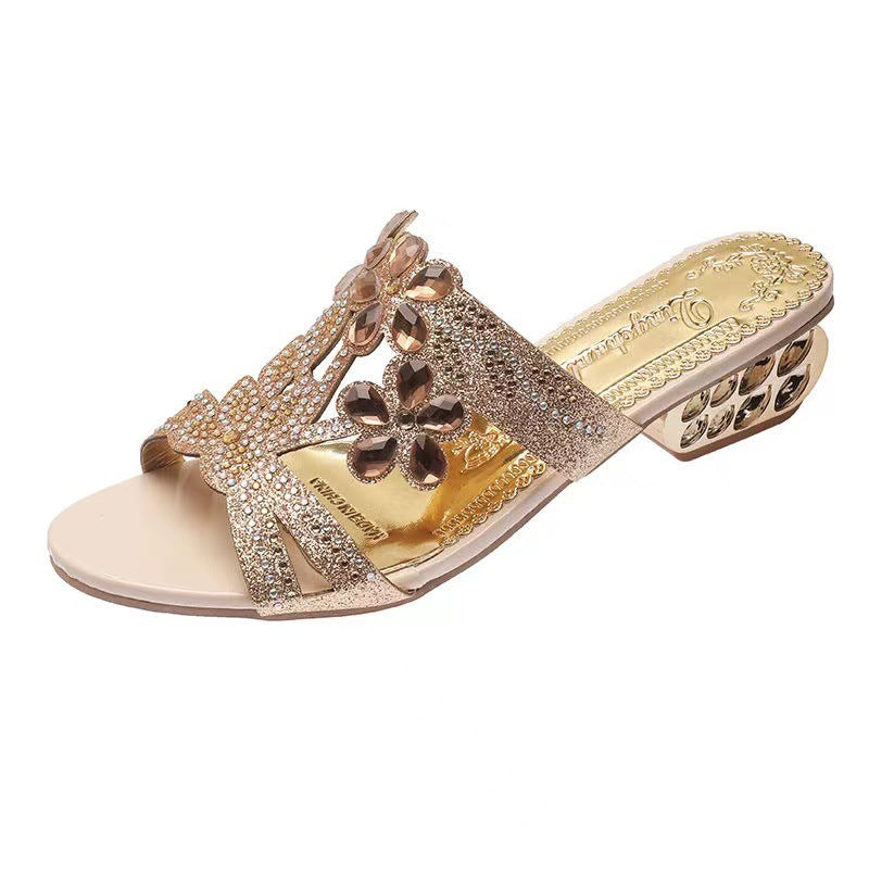 Damen nan verzierte Riemchensandalen mit mittelhohem geometrischem Blockabsatz und Kristallblumen Drune