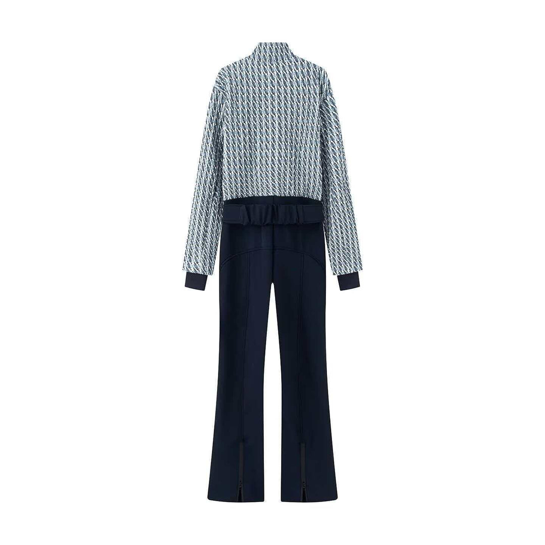 Damen nan kurz geschnittenes Bouclé-Blouson-Set mit Stehkragen, verdecktem Reißverschluss und High-Waist Schlaghose Drune
