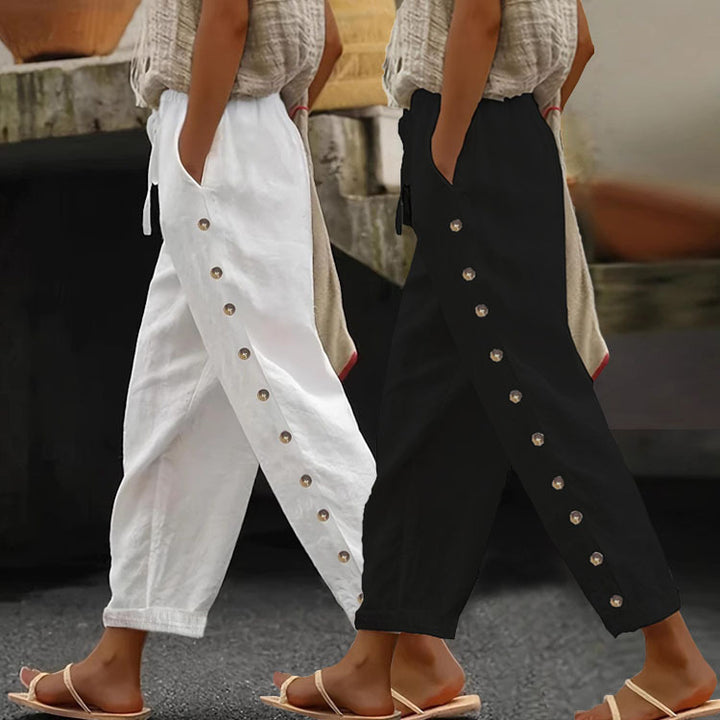 Damen Leichte Leinenhose mit hoher Taille, Kordelzug und seitlicher Druckknopf-Detailierung Drune