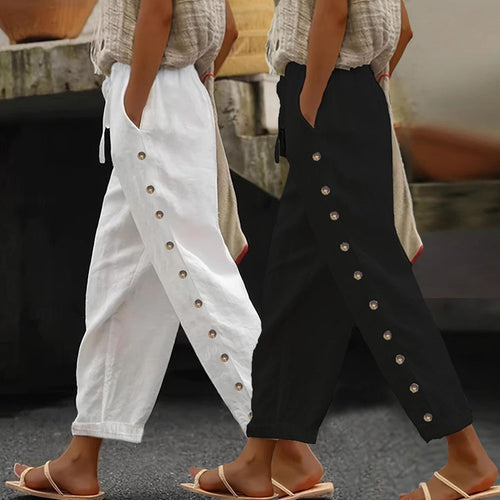 Damen Leichte Leinenhose mit hoher Taille, Kordelzug und seitlicher Druckknopf-Detailierung Drune